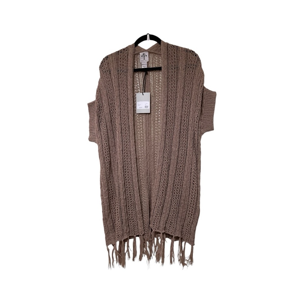 Rain + Rose Tan Open Front Crochet Knit Cardigan Size M Bohemian Country